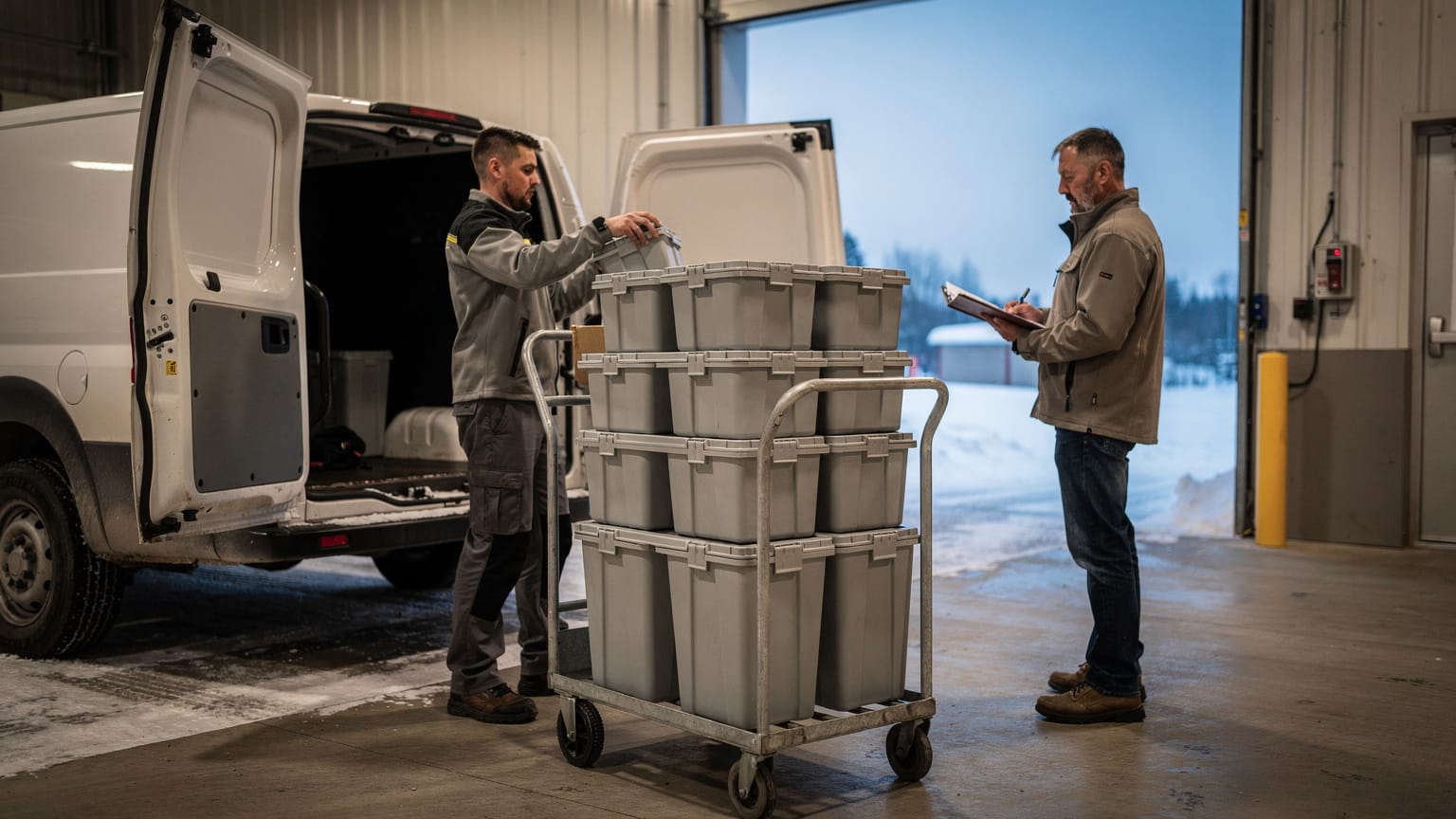 A delivery driver stacks grey totes onto a hand truck beside an open white van while a colleague checks a clipboard at a snowy loading dock.