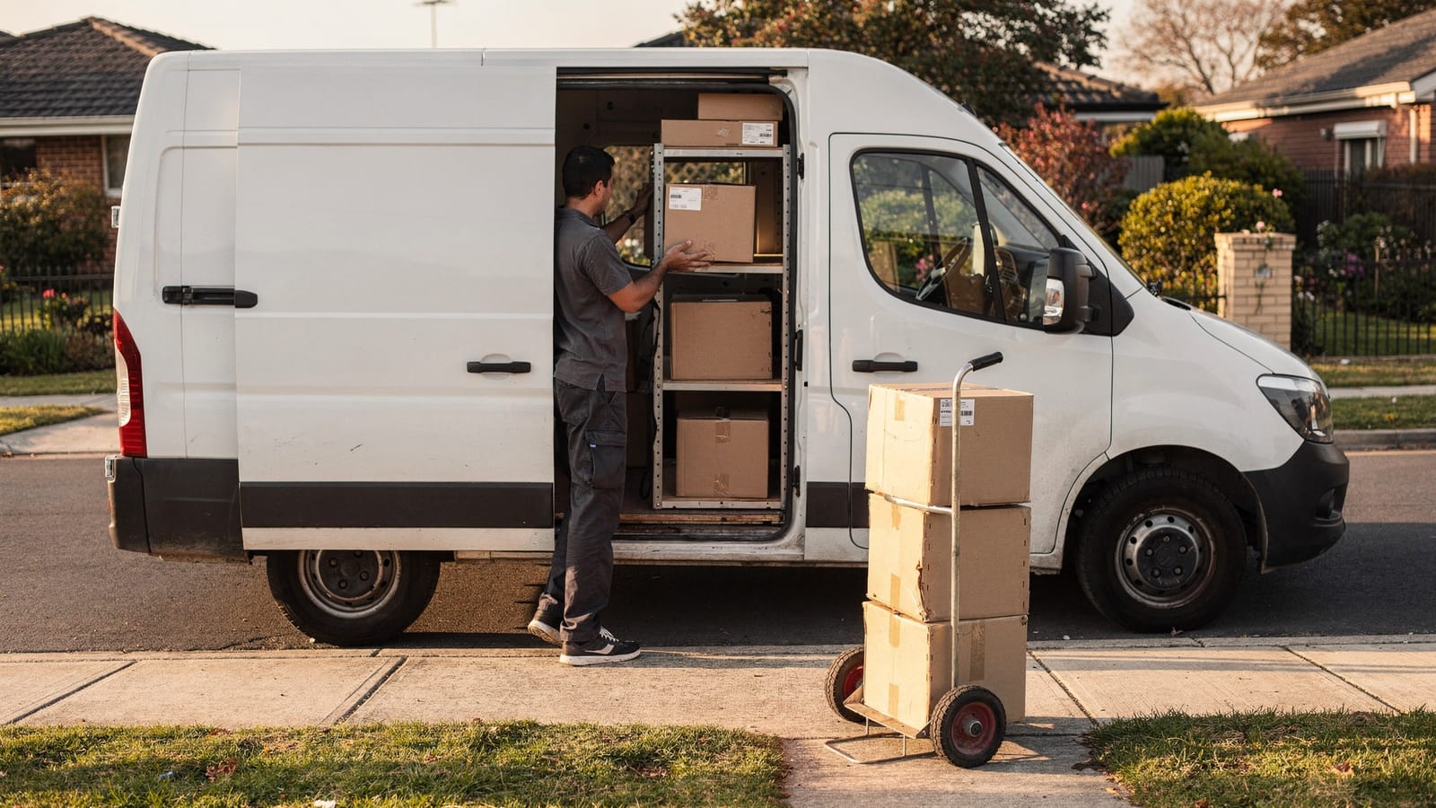 A delivery driver lifts a cardboard box from shelves inside a white van parked at a suburban kerb, with a loaded hand truck on the pavement.
