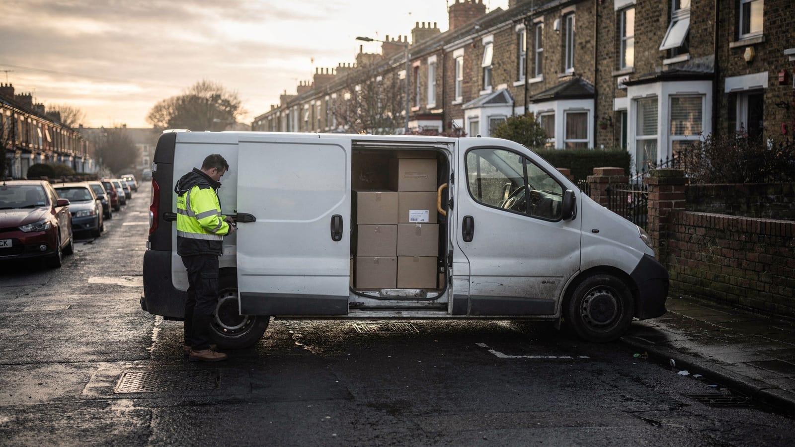 A delivery driver in a high-visibility jacket stands beside a white panel van loaded with cardboard boxes on a wet terraced street at dawn.
